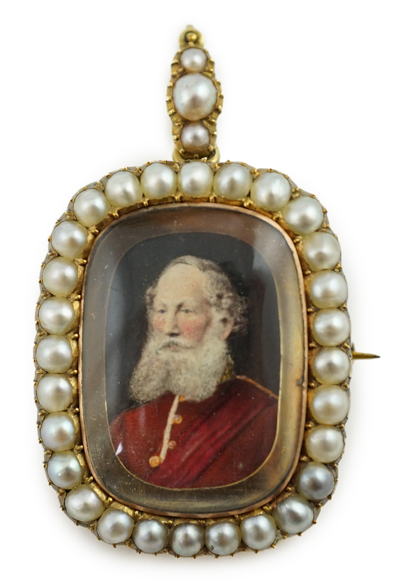 An early Victorian split pearl set gold pendant brooch, inset with a portrait miniature of bearded gentleman in uniform